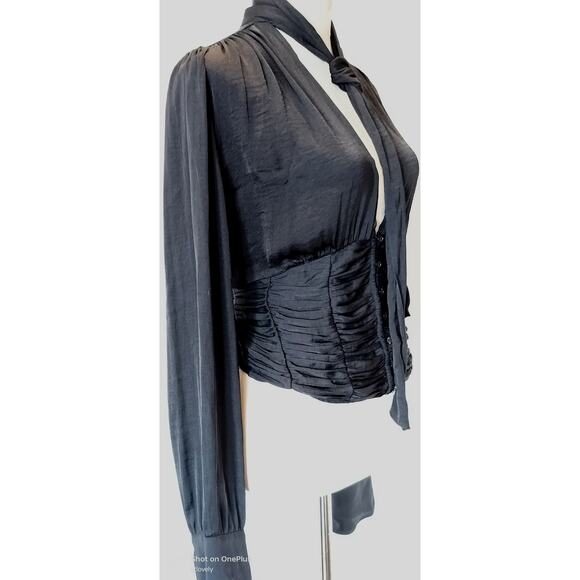 FREE PEOPLE (L)RUCHED, BUTTON FRONT, LONG BELL SLEEVES, NECK-TIE BLOUSE - Picture 9 of 13